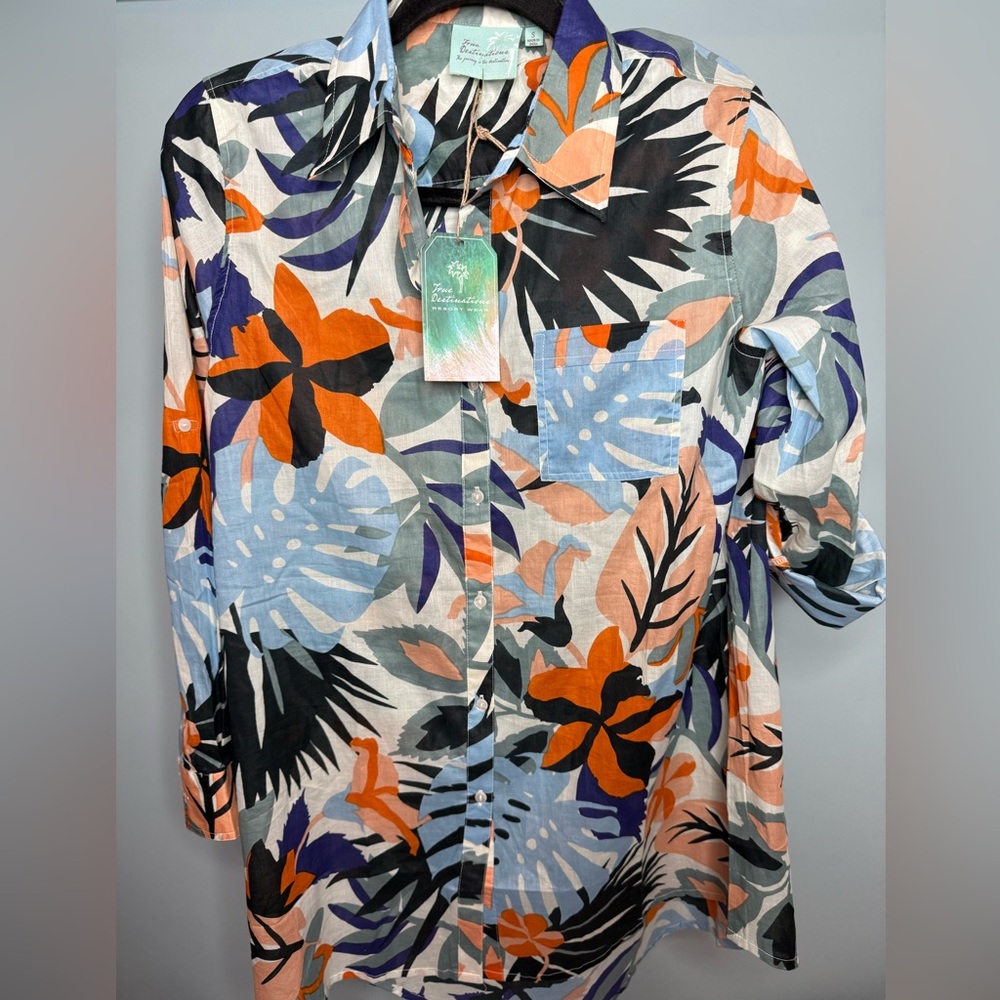Vibrant Orange and Blue Button Down Shirt with Tropical Flair
